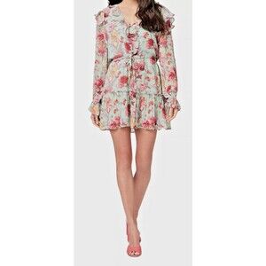 Paige Dress GARCELLE Women's M Silk Floral Mint Green Mini Lined Ruffle V Neck